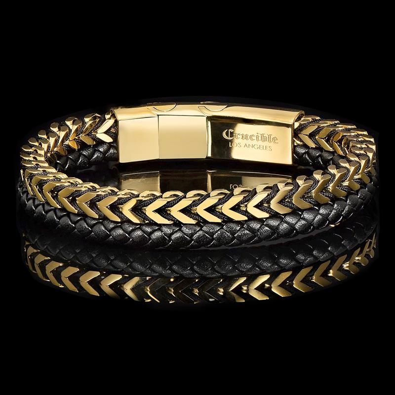 Crucible Los Angeles Gold Polished Stainless Steel Black Leather and Franco Chain Bracelet