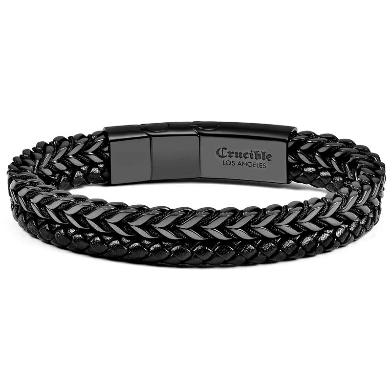 Crucible Los Angeles Black Polished Stainless Steel Black Leather and Franco Chain Bracelet
