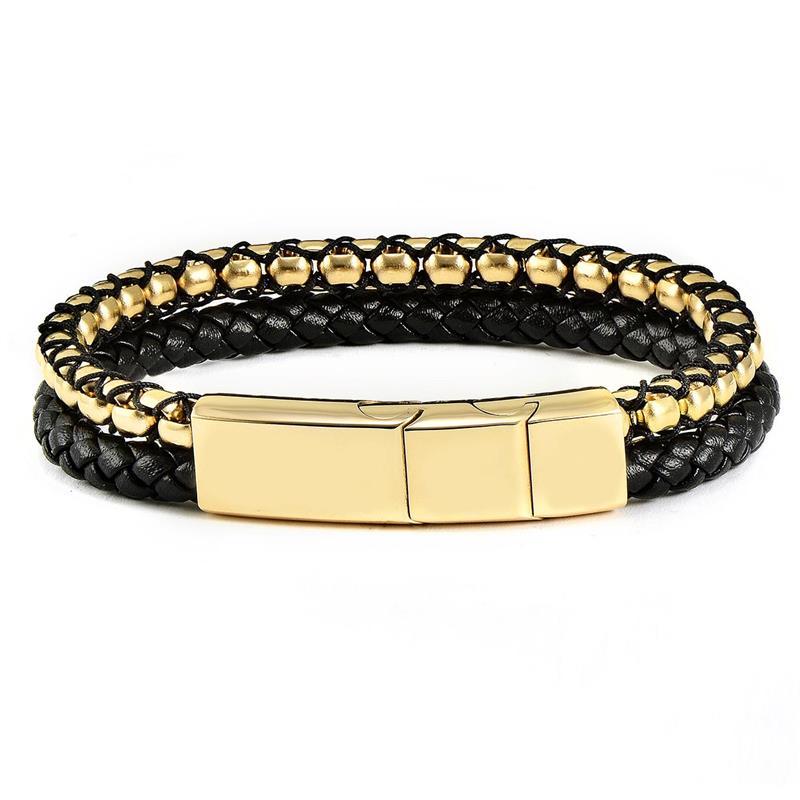 Crucible Los Angeles Gold Polished Stainless Steel Black Leather and Box Chain Bracelet