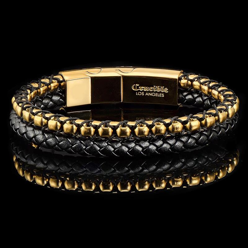 Crucible Los Angeles Gold Polished Stainless Steel Black Leather and Box Chain Bracelet