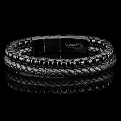 Polished Stainless Steel Black Leather and Box Chain Bracelet with Black Nylon Cord