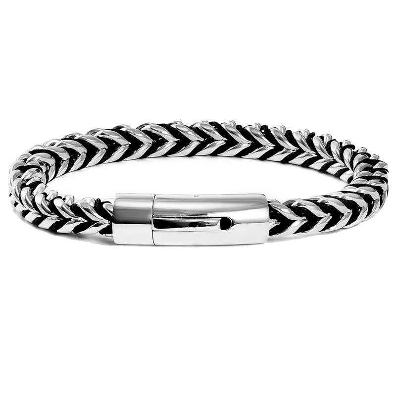 Polished 8mm Stainless Steel Franco Chain Bracelet with Black Nylon Cord - 8"