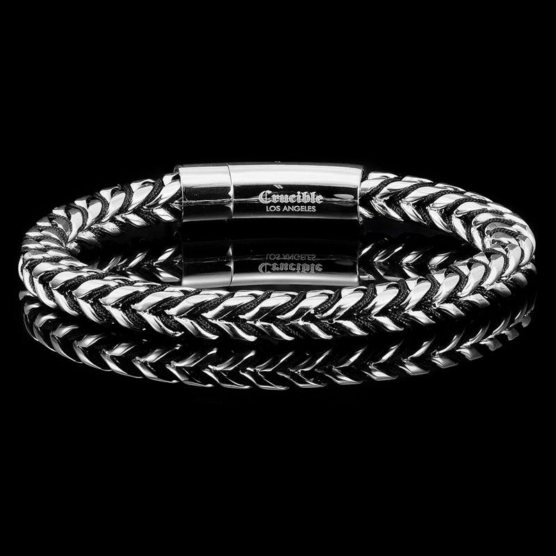 Polished 8mm Stainless Steel Franco Chain Bracelet with Black Nylon Cord - 8"