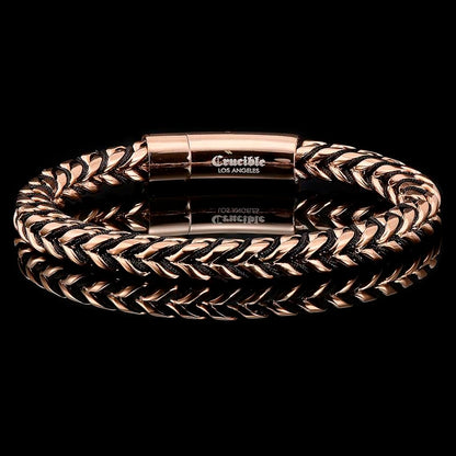 Crucible Los Angeles Rose Gold Polished 8mm Stainless Steel Franco Chain Bracelet with Black Nylon Cord - 8"