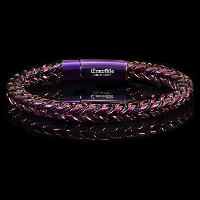 Crucible Los Angeles Rose Gold Polished 8mm Stainless Steel Franco Chain Bracelet with Black Nylon Cord - 8"