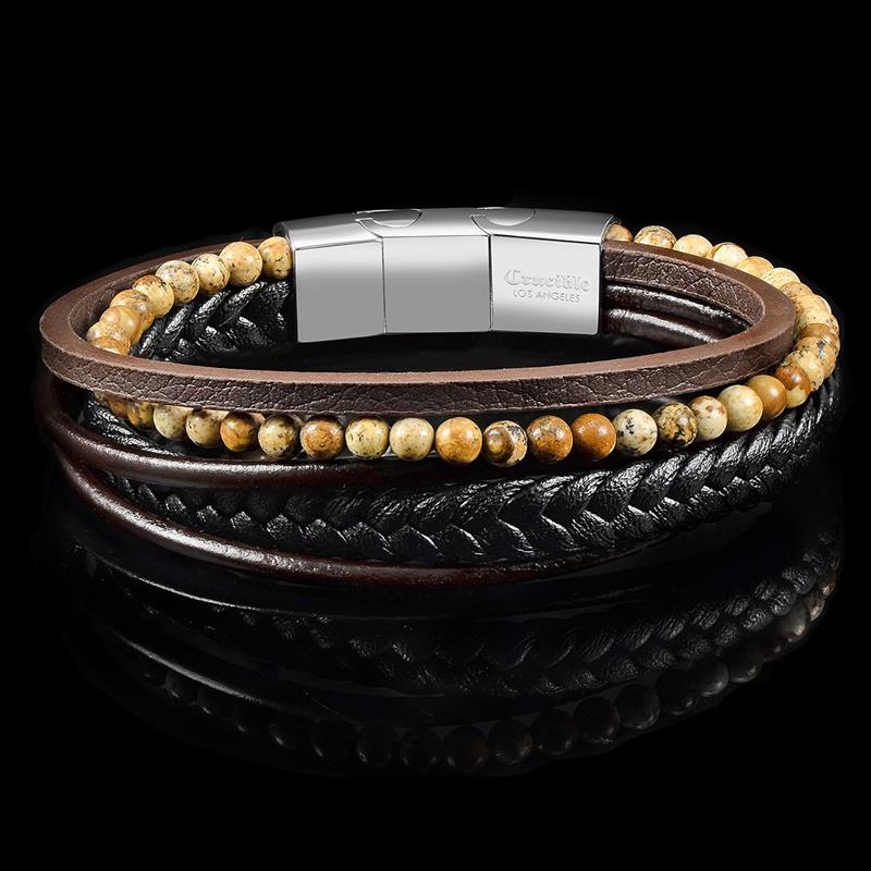 Black/Brown Leather with Picture Jasper Bracelet