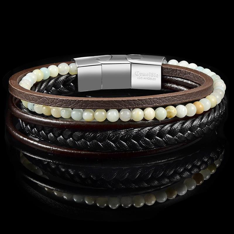 Black/Brown Leather with Matte Amazonite Bracelet