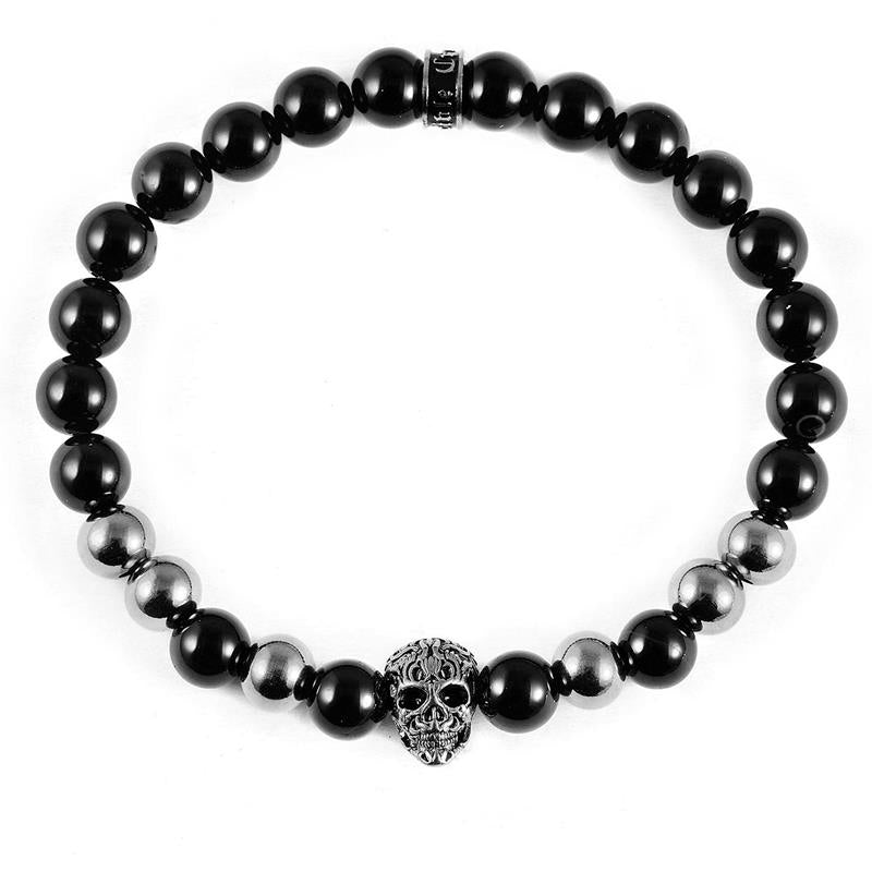 Polished Stainless Steel Skull and Polished Black Onyx Strech Bracelet