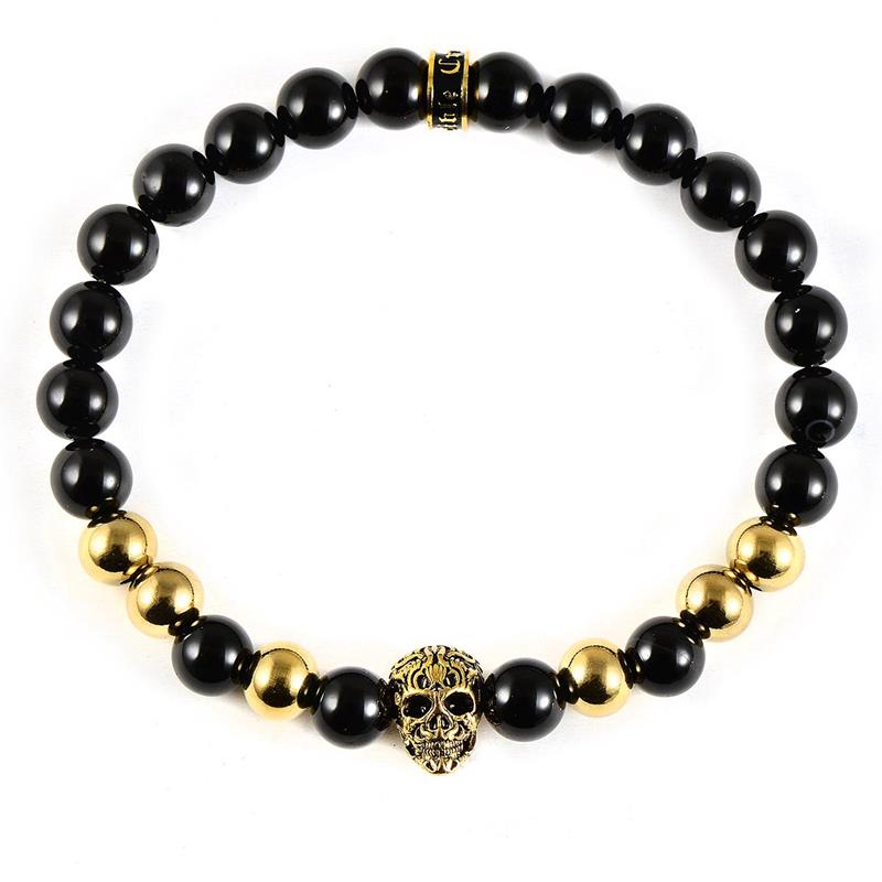 Crucible Los Angeles Polished Stainless Steel Skull and Polished Black Onyx Strech Bracelet