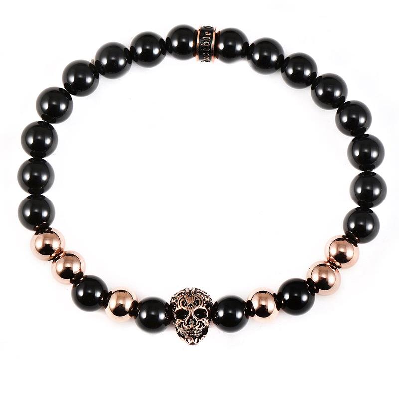 Polished Stainless Steel Skull and Polished Black Onyx Strech Bracelet