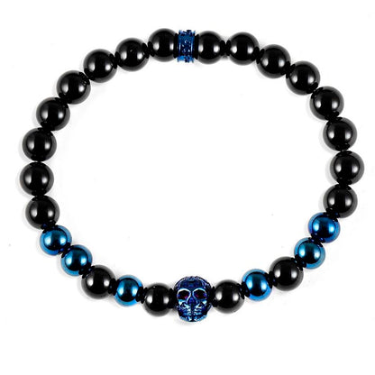 Crucible Los Angeles Polished Stainless Steel Skull and Polished Black Onyx Strech Bracelet