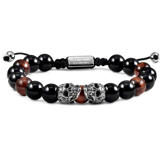 Double Skull Adjustable Bracelet with Red Tiger Eye and Black Onyx Beads