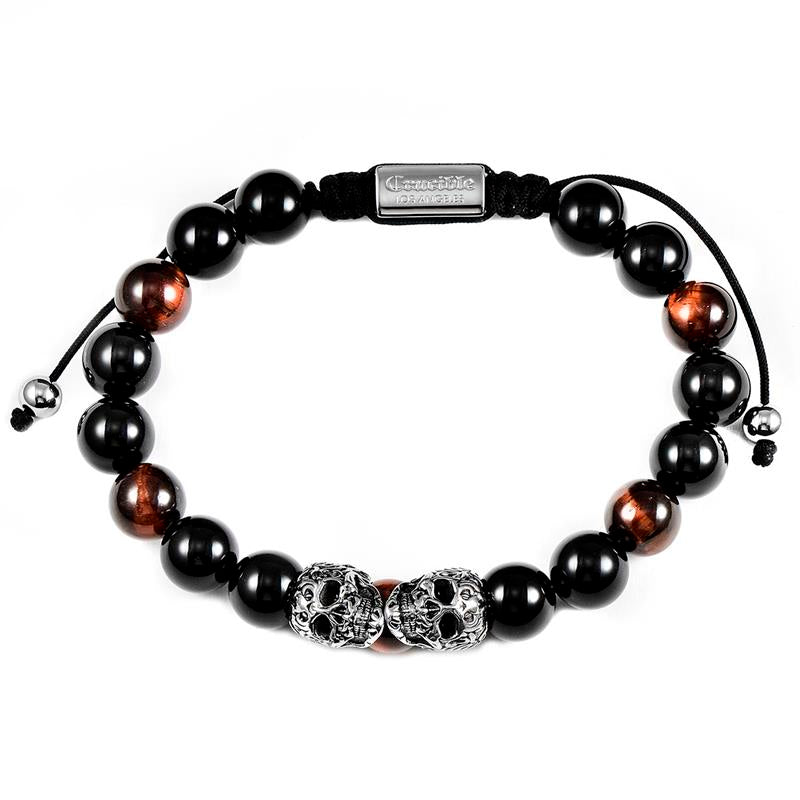 Double Skull Adjustable Bracelet with Red Tiger Eye and Black Onyx Beads