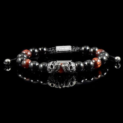 Crucible Los Angeles Double Skull Adjustable Bracelet with Red Tiger Eye and Black Onyx Beads