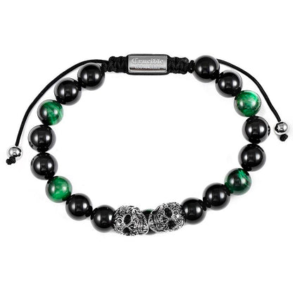 Double Skull Adjustable Bracelet with Green Tiger Eye and Black Onyx Beads