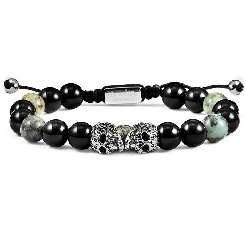 Crucible Los Angeles Double Skull Adjustable Bracelet with Genuine African Turquoise and Black Onyx Beads