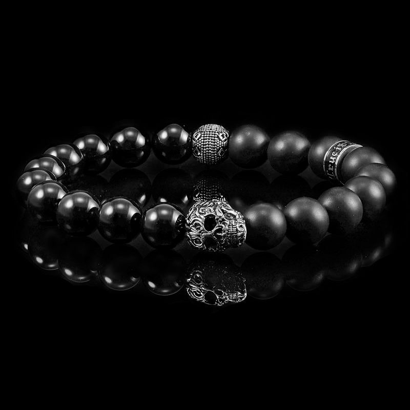 Single Skull Stretch Bracelet with 10mm Matte and Polished Black Onyx Beads