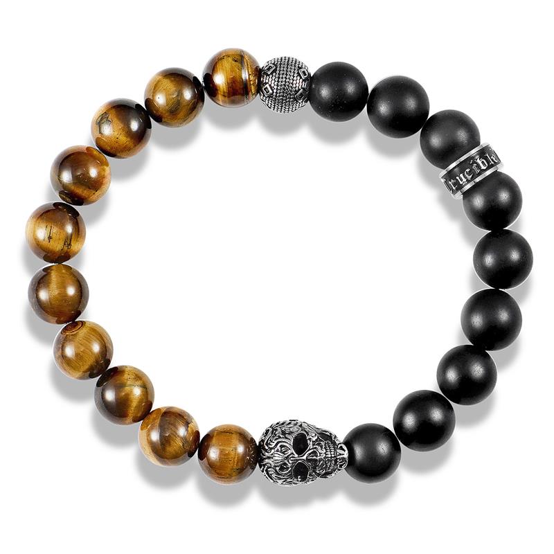 Single Skull Stretch Bracelet with 10mm Matte Black Onyx and Tiger Eye Beads