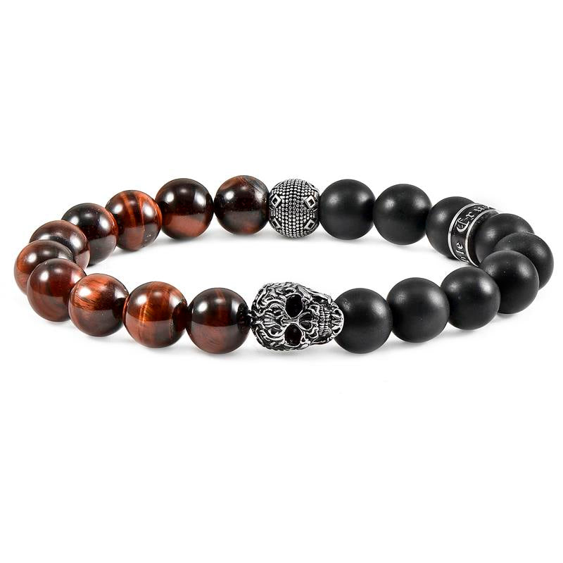Crucible Los Angeles Single Skull Stretch Bracelet with 10mm Matte Black Onyx and Red Tiger Eye Beads