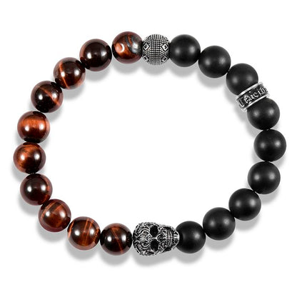 Crucible Los Angeles Single Skull Stretch Bracelet with 10mm Matte Black Onyx and Red Tiger Eye Beads