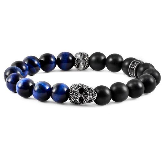 Single Skull Stretch Bracelet with 10mm Matte Black Onyx and Blue Tiger Eye Beads