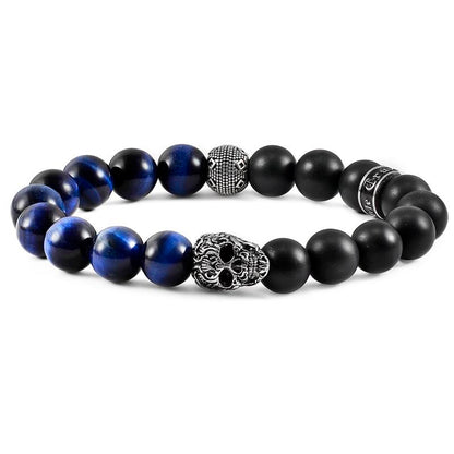 Crucible Los Angeles Single Skull Stretch Bracelet with 10mm Matte Black Onyx and Blue Tiger Eye Beads
