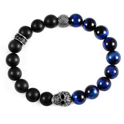 Single Skull Stretch Bracelet with 10mm Matte Black Onyx and Blue Tiger Eye Beads