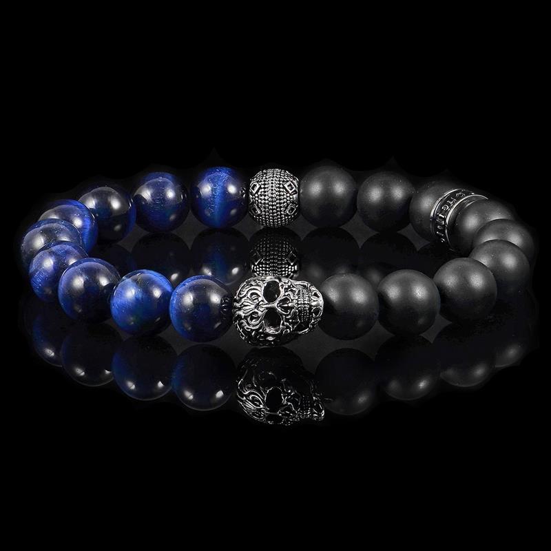Crucible Los Angeles Single Skull Stretch Bracelet with 10mm Matte Black Onyx and Blue Tiger Eye Beads