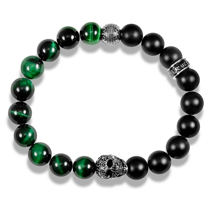 Single Skull Stretch Bracelet with 10mm Matte Black Onyx and Green Tiger Eye Beads