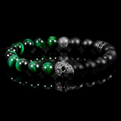 Single Skull Stretch Bracelet with 10mm Matte Black Onyx and Green Tiger Eye Beads