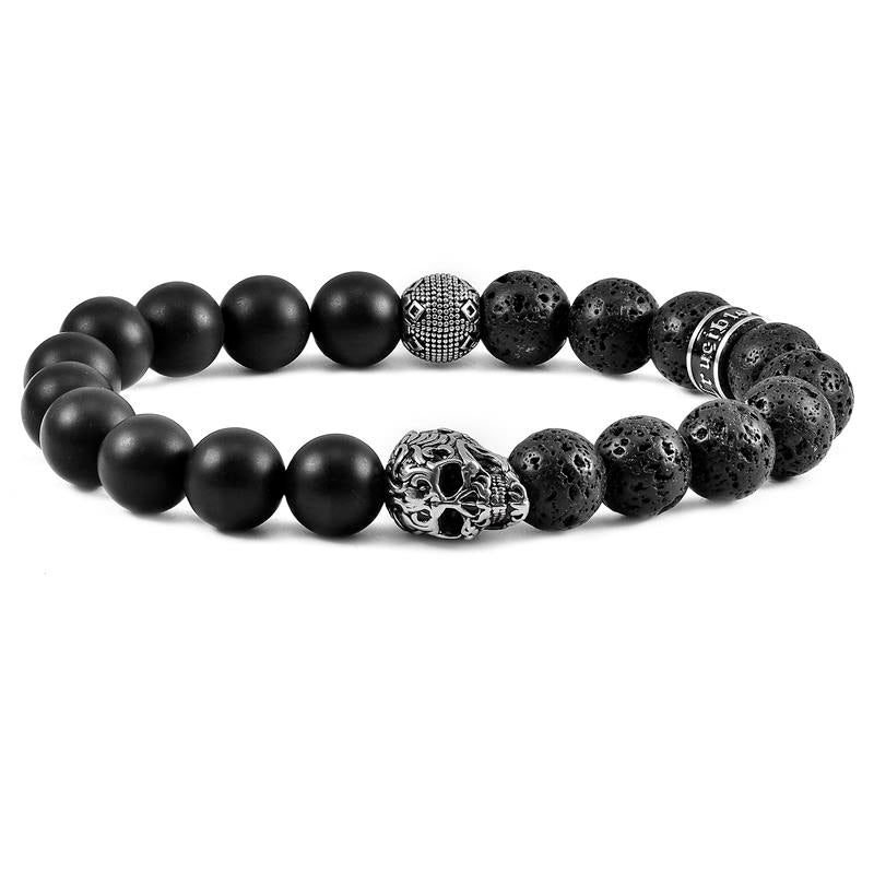 Single Skull Stretch Bracelet with 10mm Matte Black Onyx and Black Lava Beads