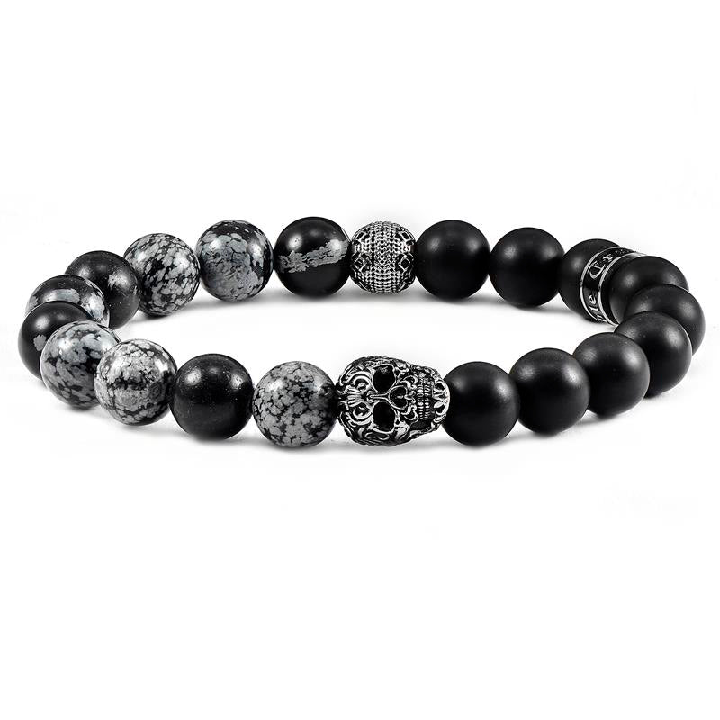 Crucible Los Angeles Single Skull Stretch Bracelet with 10mm Matte Black Onyx and Snowflake Agate Beads