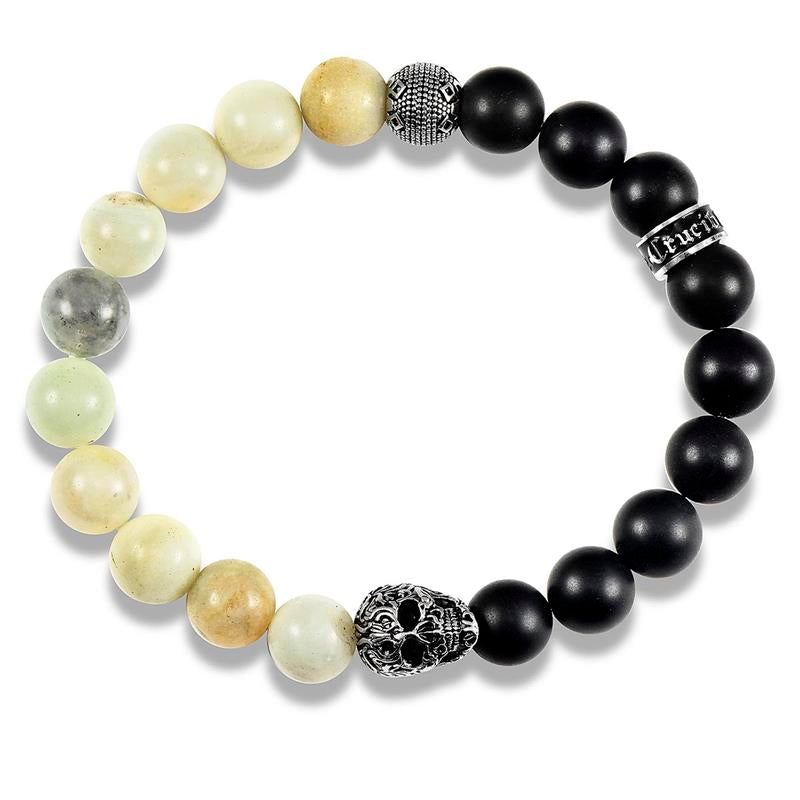 Single Skull Stretch Bracelet with 10mm Matte Black Onyx and Amazonite Beads