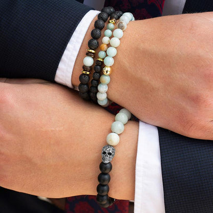 Crucible Los Angeles Single Skull Stretch Bracelet with 10mm Matte Black Onyx and Amazonite Beads