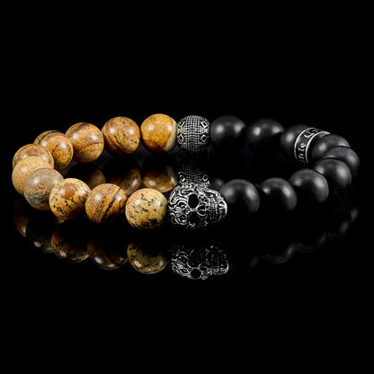 Single Skull Stretch Bracelet with 10mm Matte Black Onyx and Picture Jasper Beads
