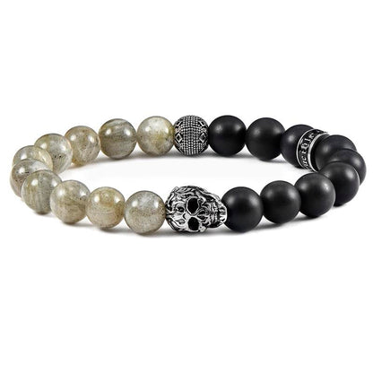 Crucible Los Angeles Single Skull Stretch Bracelet with 10mm Matte Black Onyx and Labradorite Beads