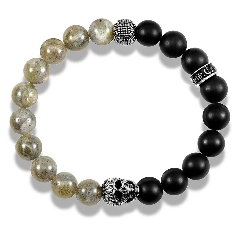 Single Skull Stretch Bracelet with 10mm Matte Black Onyx and Labradorite Beads