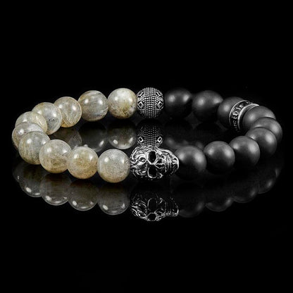 Crucible Los Angeles Single Skull Stretch Bracelet with 10mm Matte Black Onyx and Labradorite Beads