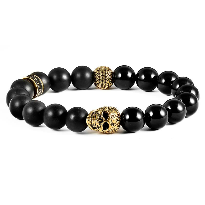Single Skull Stretch Bracelet with 10mm Matte and Polished Black Onyx Beads