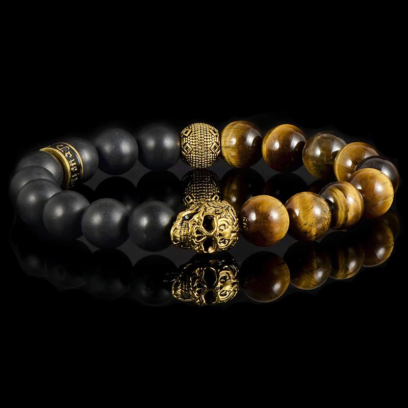 Crucible Los Angeles Single Gold Skull Stretch Bracelet with 10mm Matte Black Onyx and Tiger Eye Beads