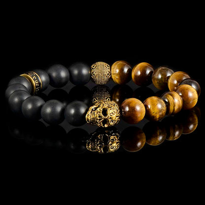 Crucible Los Angeles Single Gold Skull Stretch Bracelet with 10mm Matte Black Onyx and Tiger Eye Beads
