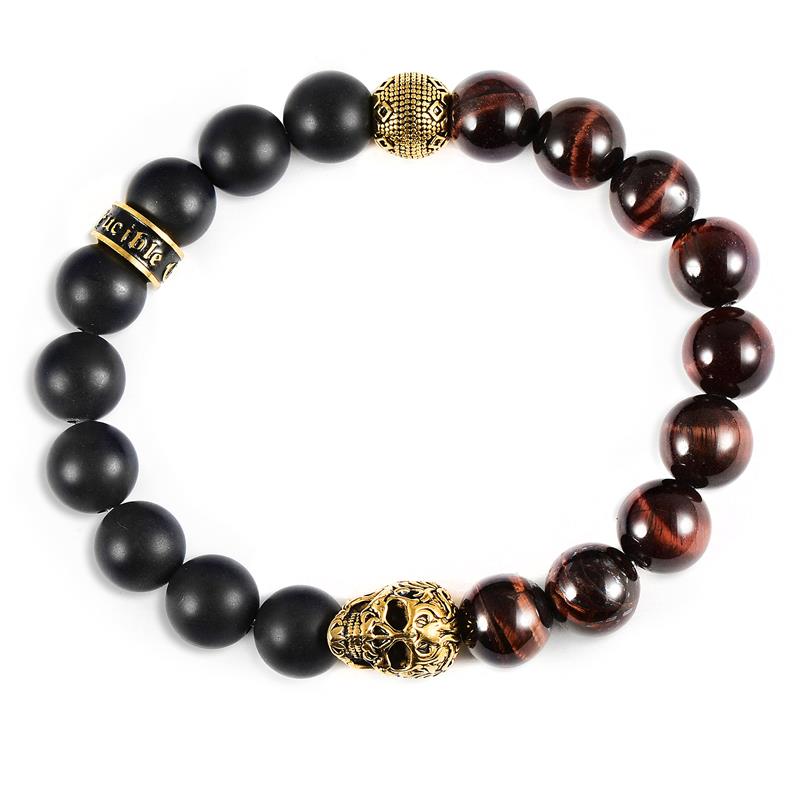 Crucible Los Angeles Single Gold Skull Stretch Bracelet with 10mm Matte Black Onyx and Red Tiger Eye Beads