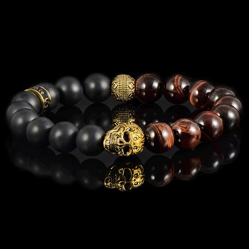 Crucible Los Angeles Single Gold Skull Stretch Bracelet with 10mm Matte Black Onyx and Red Tiger Eye Beads