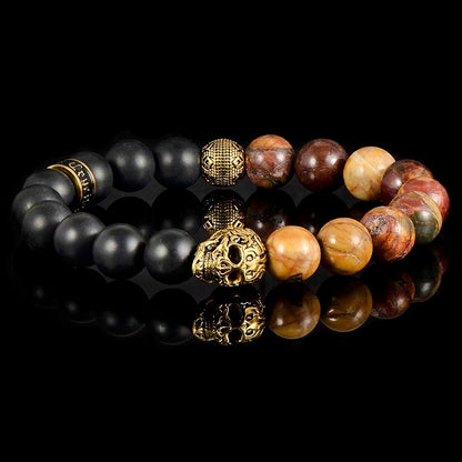 Single Gold Skull Stretch Bracelet with 10mm Matte Black Onyx and Picasso Jasper Beads