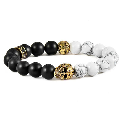 Crucible Los Angeles Single Gold Skull Stretch Bracelet with 10mm Matte Black Onyx and Howlite Beads