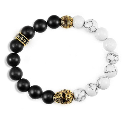 Crucible Los Angeles Single Gold Skull Stretch Bracelet with 10mm Matte Black Onyx and Howlite Beads