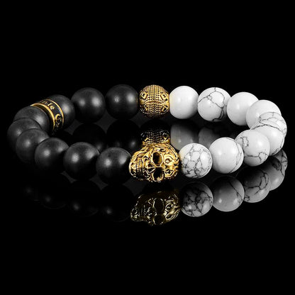 Single Gold Skull Stretch Bracelet with 10mm Matte Black Onyx and Howlite Beads