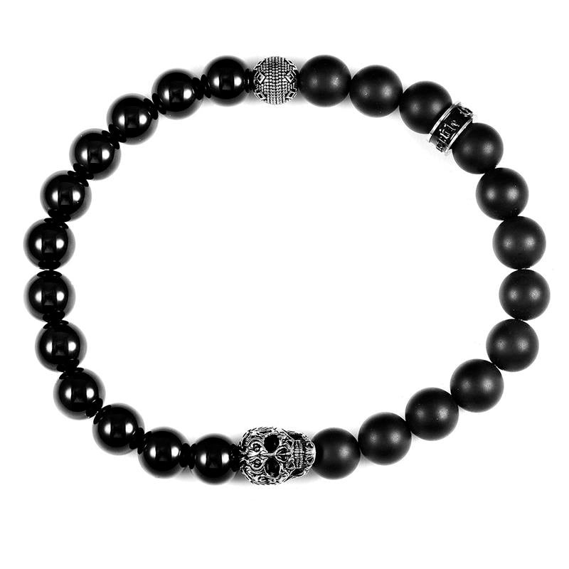 Crucible Los Angeles Single Skull Stretch Bracelet with 8mm Matte and Polished Black Onyx Beads