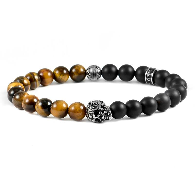 Crucible Los Angeles Single Skull Stretch Bracelet with 8mm Matte Black Onyx and Tiger Eye Beads