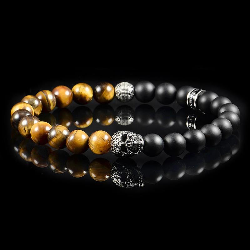 Crucible Los Angeles Single Skull Stretch Bracelet with 8mm Matte Black Onyx and Tiger Eye Beads